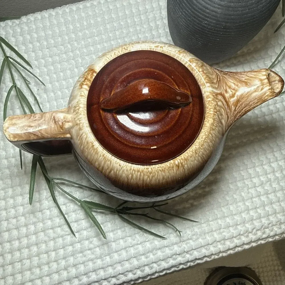 Vintage McCoy USA Pottery 140 Brown Drip Glaze Teapot Stoneware Rustic w Lid